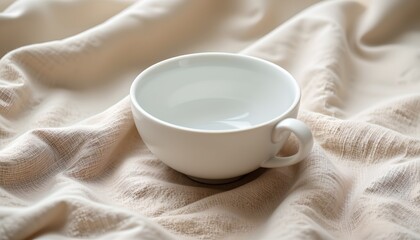 A single, white teacup resting on a textured surface that resembles a blanket or a piece of cloth