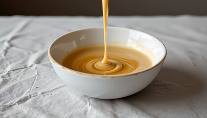 In the center of the image, a white bowl filled with a yellow liquid sits on a white surface