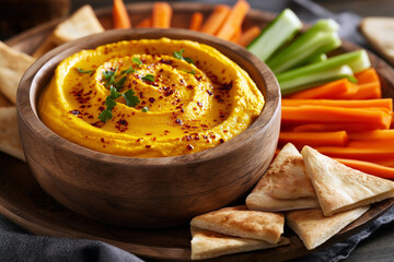 Pumpkin hummus served in a bowl with pita bread and vegetable sticks, bright healthy snack setup.