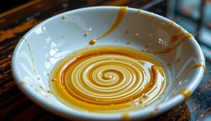 A white bowl with yellow sauce spilled across its surface, placed on a wooden tabletop