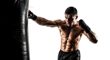 Shirtless muscular man with defined abs punching a heavy bag in a boxing gym