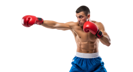 A muscular boxer with red gloves throws a punch in a studio against a white background
