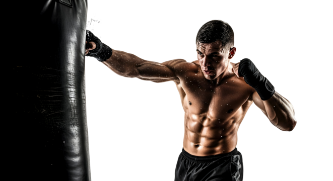 Shirtless muscular man with defined abs punching a heavy bag in a boxing gym