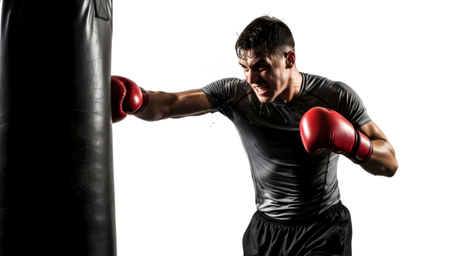Male Boxer Training Hard with Red Gloves on Punching Bag for Fitness and Combat Sports