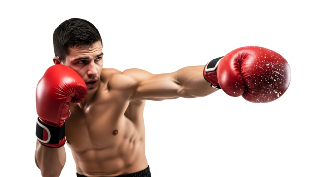 A male boxer in red gloves throwing a punch with determination, captured in a studio setting