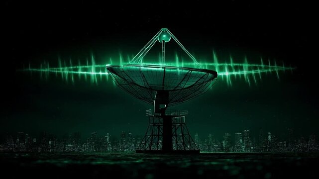 Glowing Satellite Dish Emitting Vibrant Green Energy Waves Against Dark Cityscape Futuristic Technology and Communication Scene with Mysterious Atmosphere and Luminous Effect
