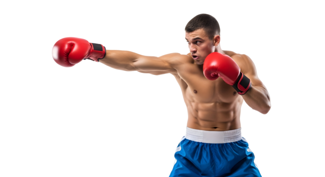 A muscular boxer with red gloves throws a punch in a studio against a white background