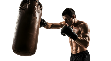 A muscular man wearing boxing gloves punching a heavy bag with intensity