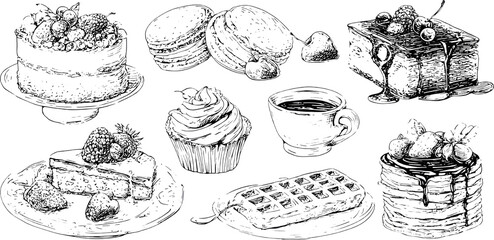 Delicious sweet dessert collection of cake and pastry icons