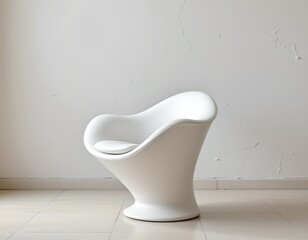 A modern bathroom setting featuring a white, curved backed chair with a unique