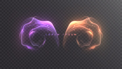 An abstract glowing vortex in purple and gold tones with soft light trails on a transparent background.
 