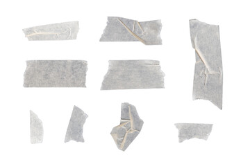 Top view set of small adhesive vinyl tape or cloth masking tape scattering in stripes is isolated on black background with clipping path.