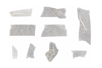 Top view set of small adhesive vinyl tape or cloth masking tape scattering in stripes is isolated on black background with clipping path.