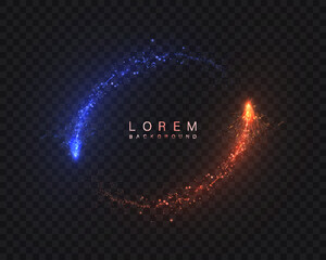 An abstract glowing circle of blue and orange sparkling particles on a dark transparent background. A futuristic energy ring for digital interfaces.