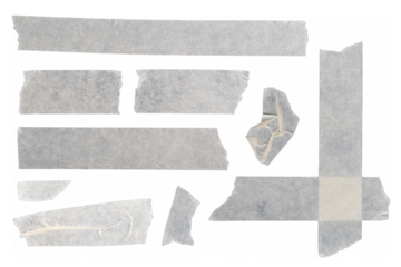 set of masking tape, paper adhesive tape or strips isolated on black background, crumpled paper or sticky snips, poster design overlays or elements, grunge and wrinkle