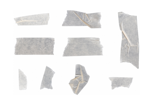 Top view set of small adhesive vinyl tape or cloth masking tape scattering in stripes is isolated on black background with clipping path.