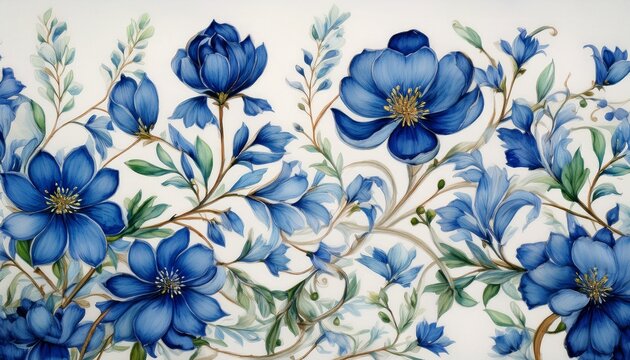 seamless watercolor floral pattern medieval blue delft indigo flowers vintage botanical wallpaper detail blue flowers
