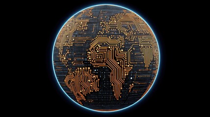 Abstract depiction of a globe integrating technology and digital circuits with a glowing edge, representing the future of connectivity and global networks