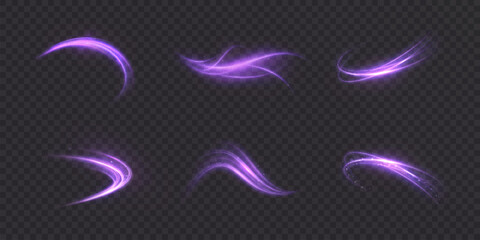 Set of glowing purple light swirls and curved trails on transparent dark background. Light effect for digital motion design, overlays and abstract energy effects. 