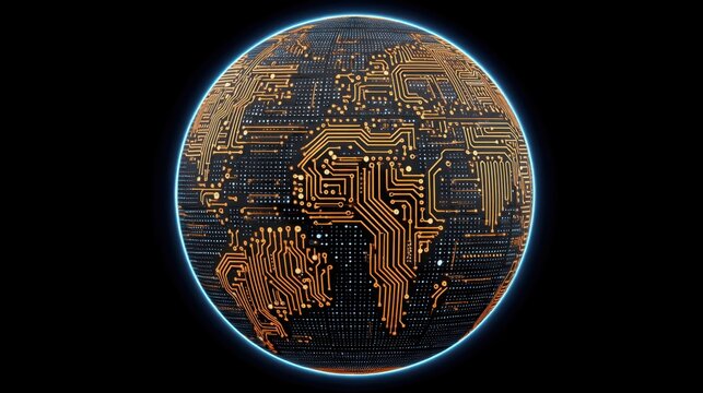 Abstract depiction of a globe integrating technology and digital circuits with a glowing edge, representing the future of connectivity and global networks