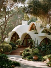 A sun-drenched, modern, dome-shaped home nestled amongst lush greenery displays architectural beauty and tranquil serenity.