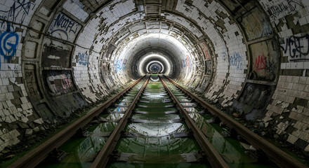 Abandoned underground tunnel with old railway tracks and graffiti, eerie atmosphere, urban exploration