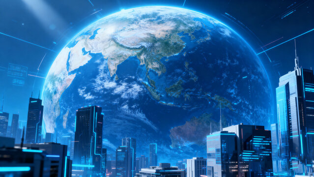 Futuristic city with glowing blue lights and Earth in background