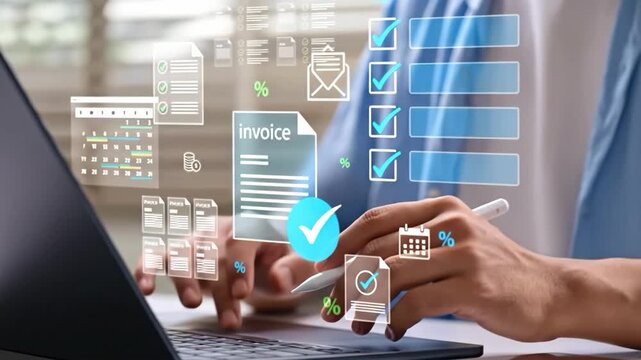 Efficient Digital Workflow: A modern depiction of hands navigating a laptop, seamlessly interacting with overlaid digital icons, symbolizing an effective work process.