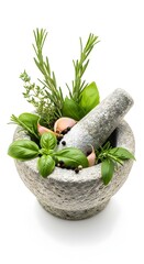 Mortar and pestle with fresh herbs