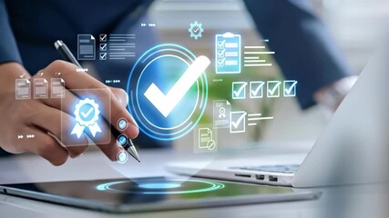 Quality Assurance: A meticulous professional diligently examines documents, emphasizing standards compliance, with a digital interface. Capturing the essence of quality assurance, inspection. - Powered by Adobe