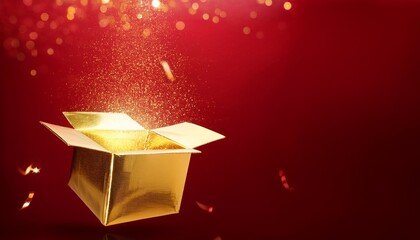 a luxurious empty golden gift box floats against a rich red backdrop occasion background
