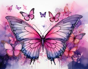 a dynamic watercolor composition of butterflies in pink and purple hues flowing from left to right transitioning from scattered individual butterflies to a dense cloud of butterflies generative ai