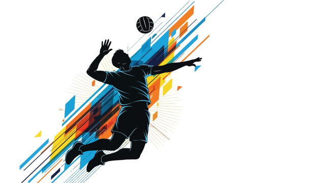 Silhouette of a volleyball player spiking the ball against a colorful, abstract background.