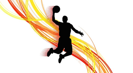 Silhouette of a basketball player mid-air, about to shoot the ball, set against vibrant, flowing lines.