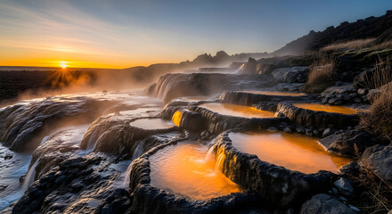 Dramatic sunrise illuminates steaming geothermal pools cascading over rugged rocks, creating a mystical and serene natural landscape