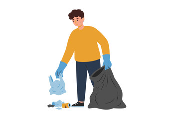 A man wearing gloves picks up litter holding a trash bag and discarded items