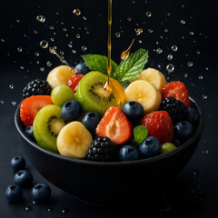 Fresh fruit salad in a glass bowl is a sweet, juicy, healthy, and vibrant dessert with strawberries, orange, apple, kiwi, banana, and grapes on a white background