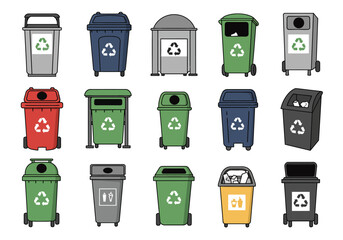 An array of colorful trash and recycling bins in various styles and sizes