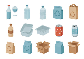 Array of recycling items bottles containers cans bags and cardboard boxes all arranged on a white backdrop