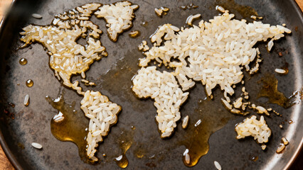 World map made of rice on a frying pan with oil