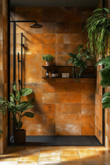 Contemporary bathroom with terracotta-colored tiles, matte black shower frame, floating shelves, and potted green plants for a fresh atmosphere.