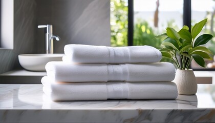 soft white towels stacked neatly on modern bathroom countertop