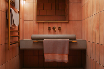 Artistic bathroom with a warm terracotta color scheme, handcrafted ceramic sink, brass towel racks, and a unique tile pattern.