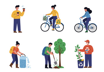 Fototapeta premium 6 images display people practicing environmentalism cycling planting trees watering plants
