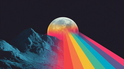 A surreal spatial composition with a full moon, mountains and multi-colored stripes of spectrum rays - vintage background. Fantasticc sci-fi retro horizontal poster.  AI artwork.