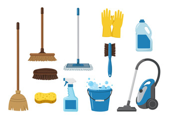 An assortment of cleaning supplies arranged including brooms gloves a bucket spray bottle and vacuum cleaner