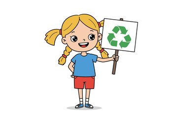 Cartoon girl with blonde pigtails holds a recycling sign