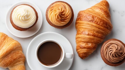 Fototapeta premium Delicious Fresh Pastries and Cupcakes with Coffee Perfect for Breakfast or Afternoon Treat on a Light Marble Background