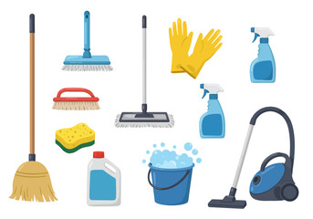 Cleaning supplies broom mop gloves bottles sponge bucket vacuum cleaner