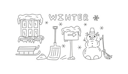 Snow-covered window. Snowman, snowdrift, shovel. Snow removal. Sled, snow-covered sign with an arrow, snow-covered ground. Hand-drawn line drawing. Winter season, snowflakes, icicles, ice.